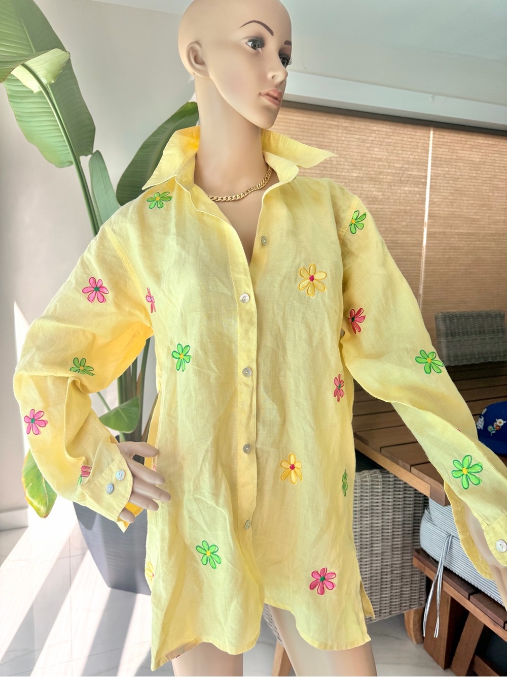 Women’s Yellow Embroidered Floral Button-Up Shirt 100% Linen